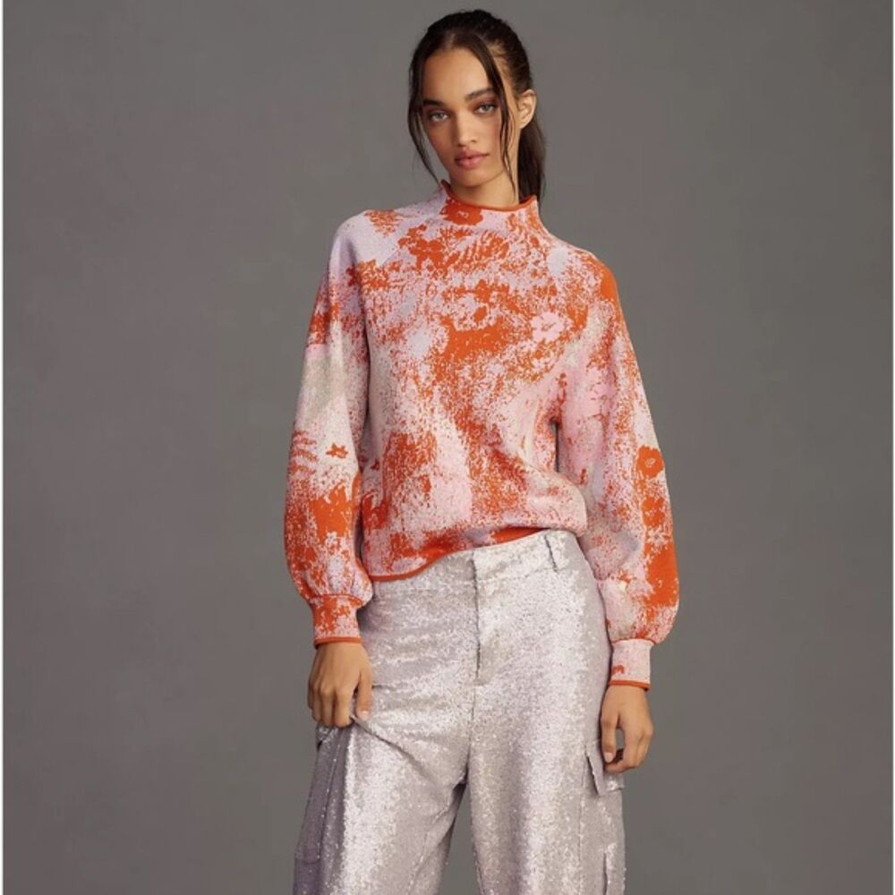 Anthropologie,The Beatriz Mock-Neck Sweater Lurex Pink Orange, S Balloon Sleeve